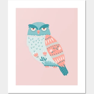 Folk Art Owl in Pink + Blue Posters and Art